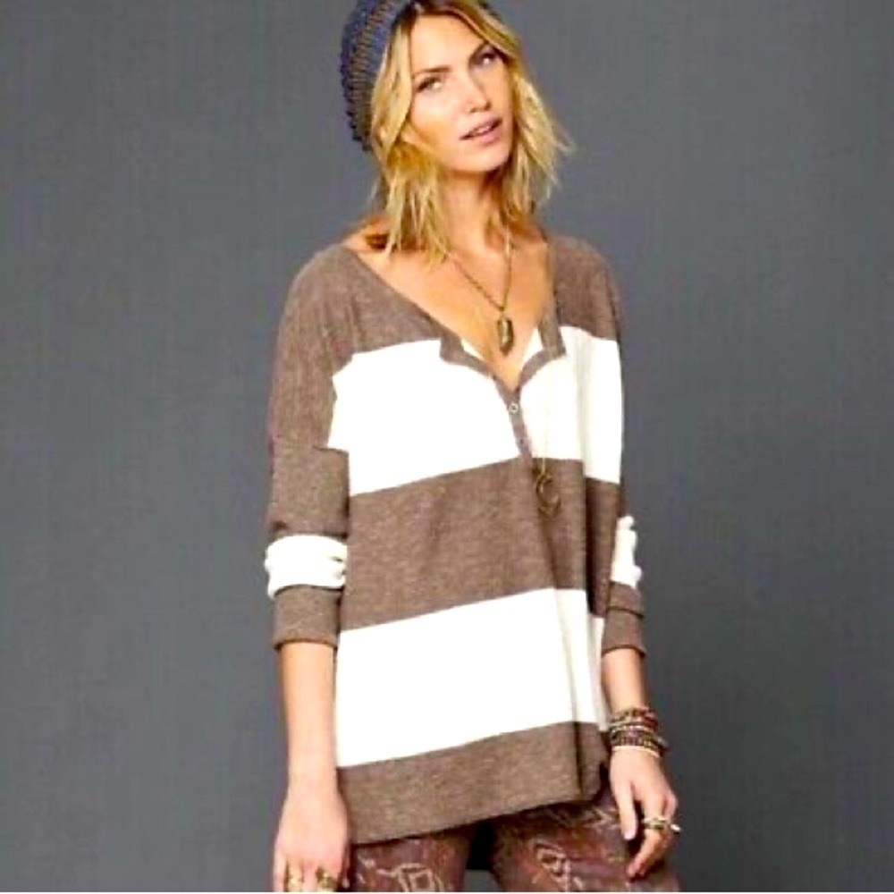 Free People Beach - Linen Blend Brown And White Striped Long Sleeve Sweater SM